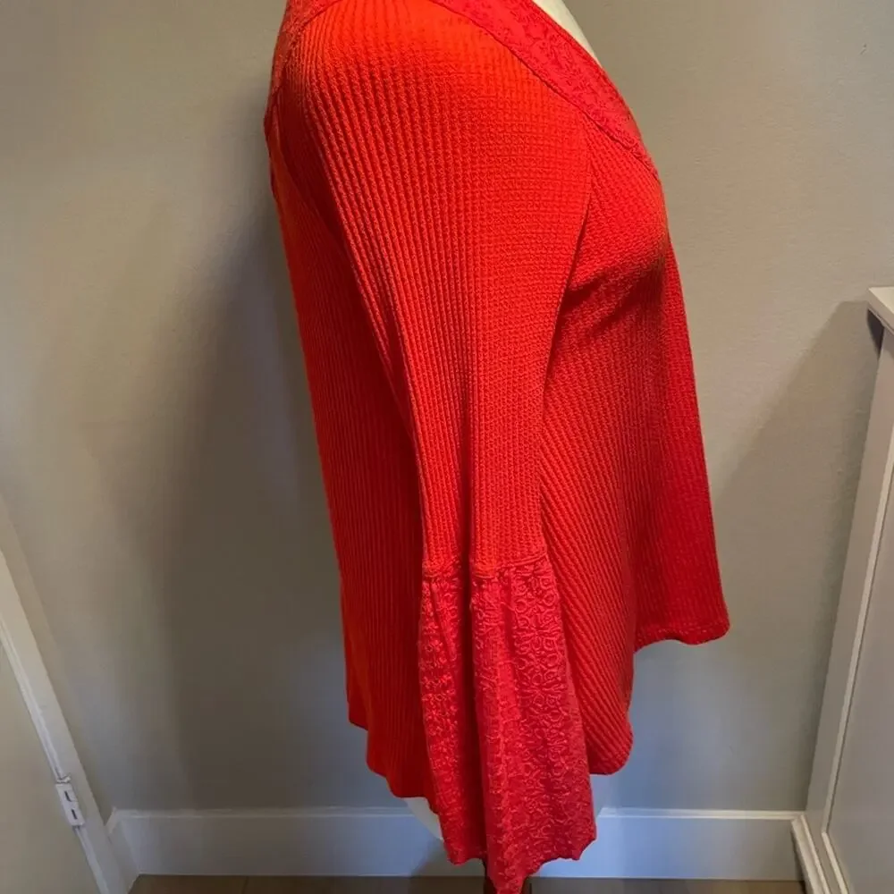 Free People Partisan Boho Red Ribbed Bell Sleeve Embroidered Blouse - XS